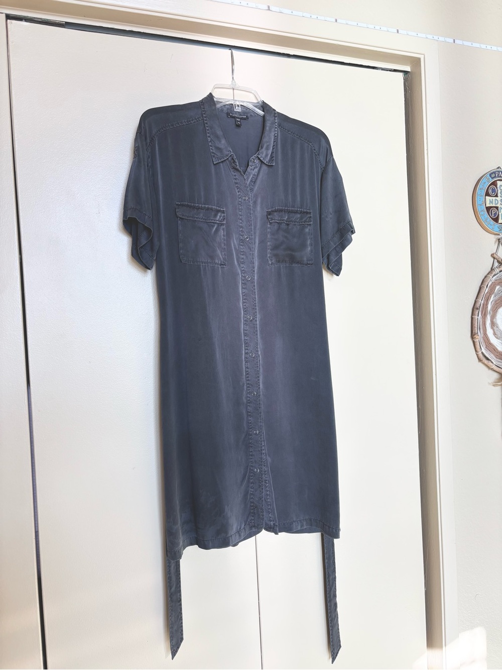 Eileen Fisher Short-Sleeve Snap-Front Silk Shirt Dress in Graphite